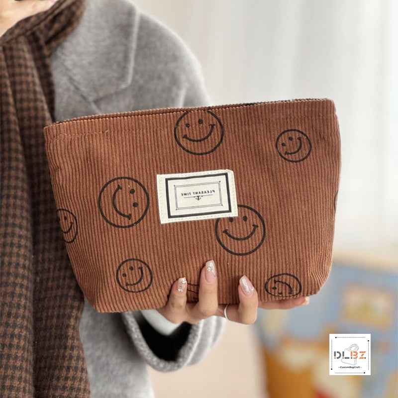 Cute Smiley Face Retro Minimalist Corduroy Cosmetic Bag, Portable Handheld Bag, Storage Pouch