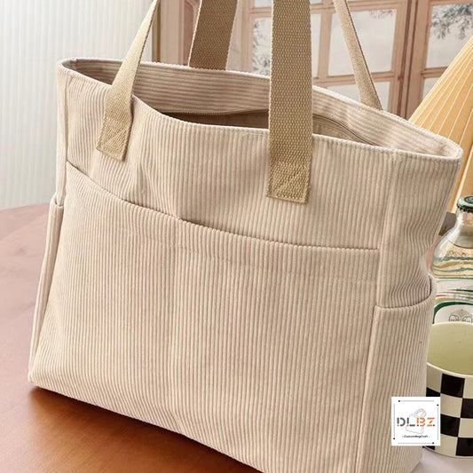 Corduroy Tote Bag with External Pocket, Top Zipper Closure, Shoulder Handbag