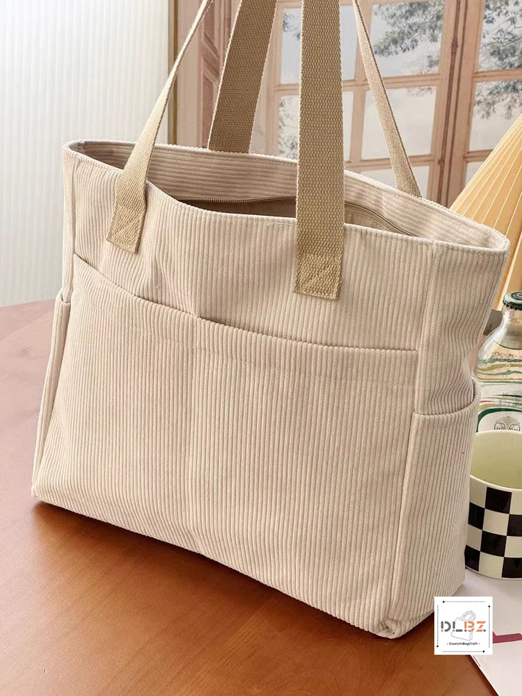 Corduroy Tote Bag with External Pocket, Top Zipper Closure, Shoulder Handbag