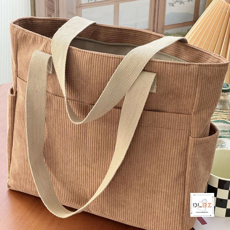 Corduroy Tote Bag with External Pocket, Top Zipper Closure, Shoulder Handbag