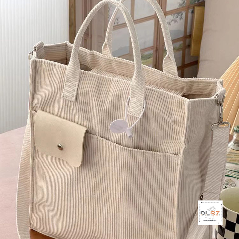 Crossbody Corduroy Tote Bag With Zipper, Multi Pockets, Adjustable Strap